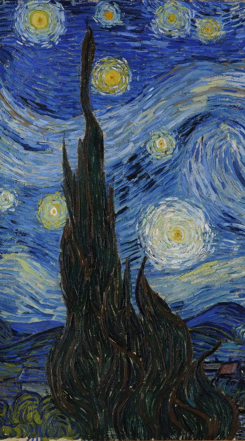 Close-up of the tall dark cypress tree in The Starry Night