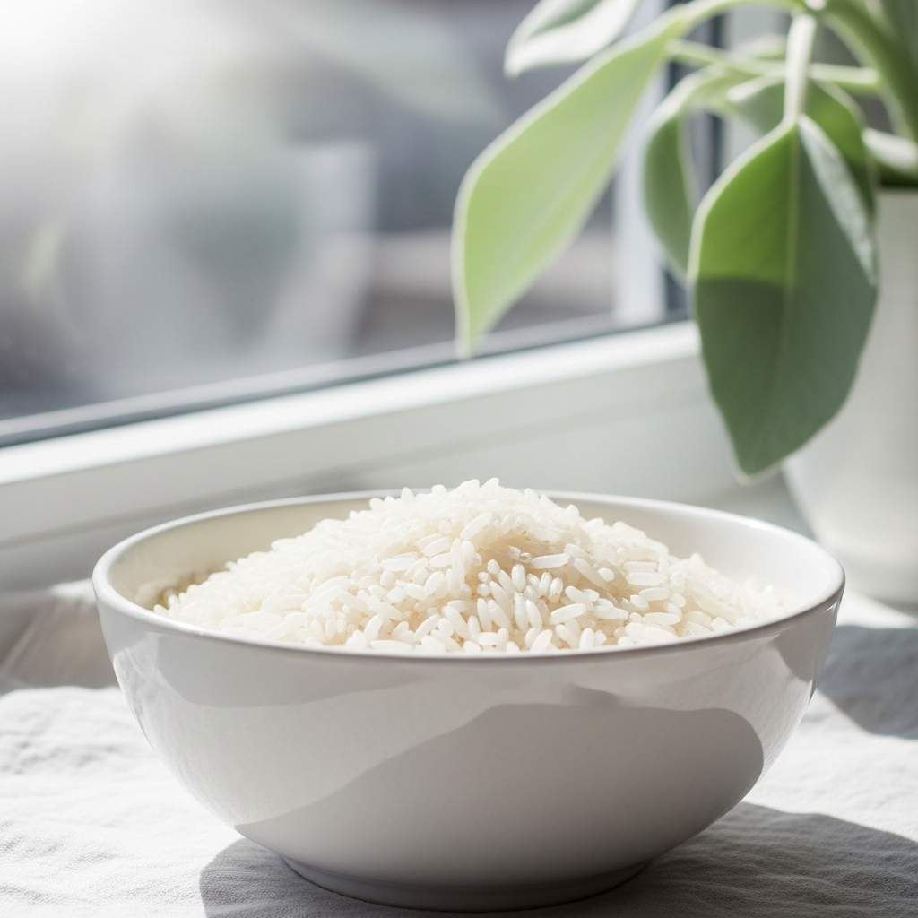Light and airy close-up of a white ceramic bowl of white rice on a pale linen cloth, sunlit windowsill in background, soft sage green plant visible out of focus, bright natural daylight, no text