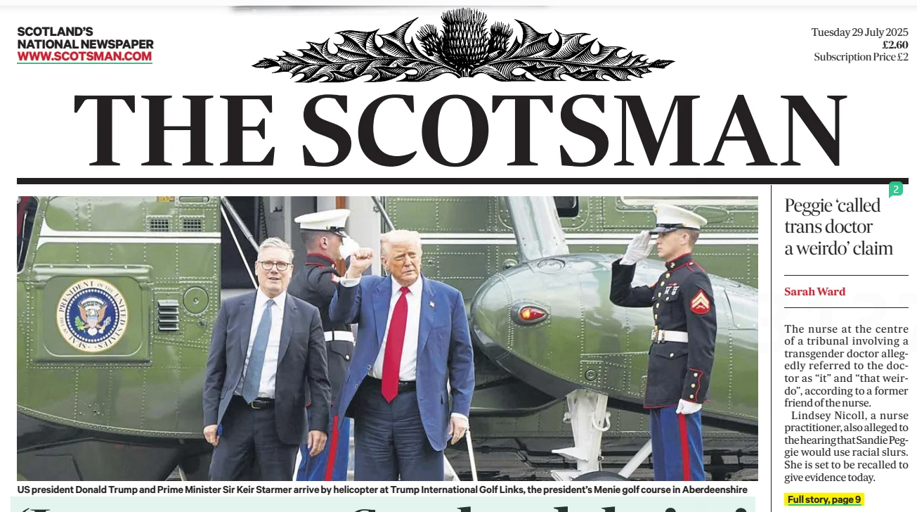 The front page of The Scotsman dated Tuesday 29 July 2025, price £2.60. The main masthead reads “SCOTLAND’S NATIONAL NEWSPAPER” with the website address www.scotsman.com. A large photograph shows US President Donald Trump and UK Prime Minister Sir Keir Starmer arriving by helicopter at Trump International Golf Links in Aberdeenshire, with a marine saluting them. The main story teaser in the right-hand column reads: “Peggie ‘called trans doctor a weirdo’ claim” by Sarah Ward, summarising the tribunal case involving nurse Sandie Peggie and transgender doctor Beth Upton. A yellow-highlighted box notes “Full story, page 9”.