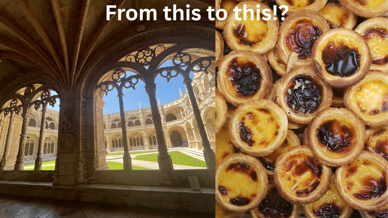 Collage of Jeronimos Monastery arches and Portuguese custard tarts