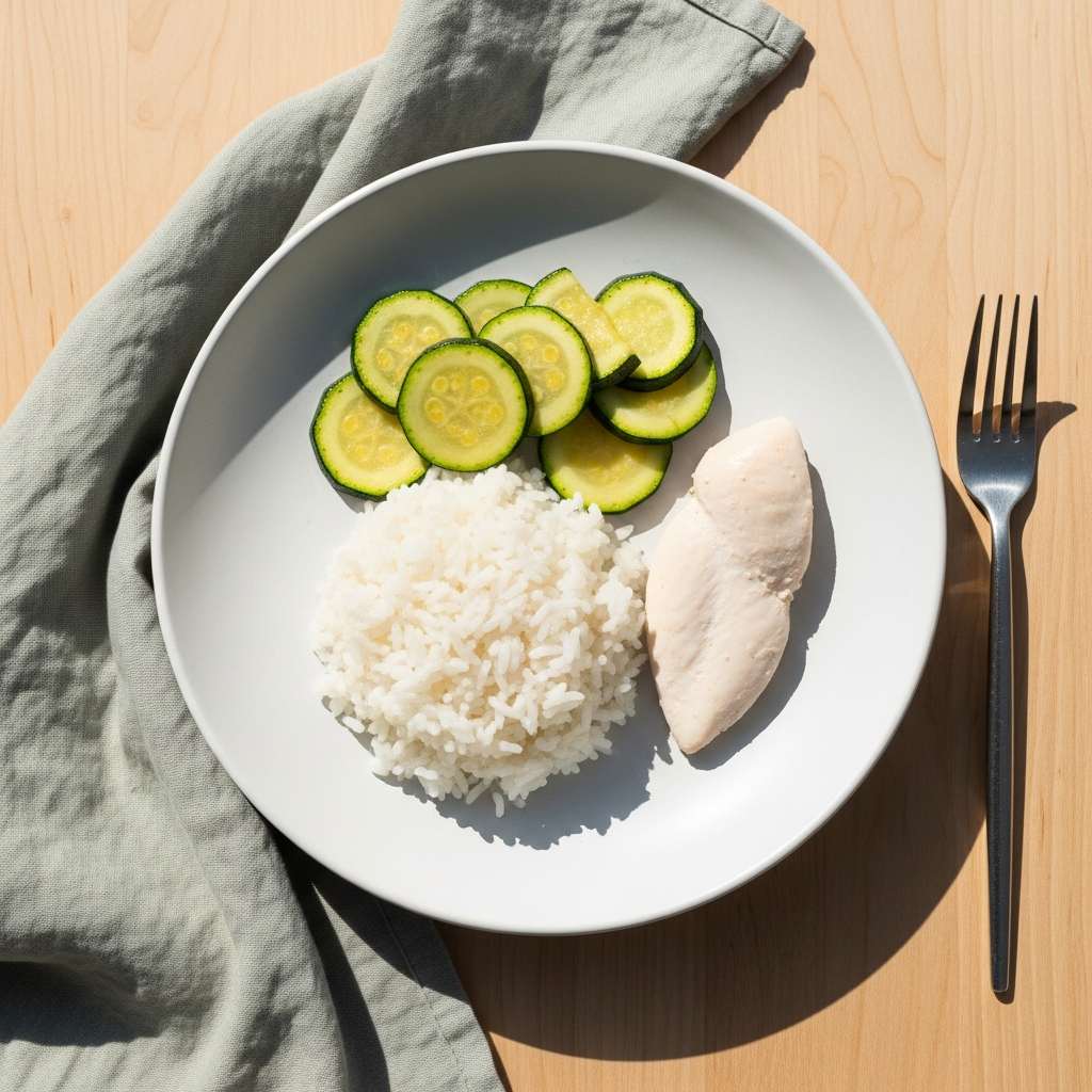 Overhead flat lay of a simple, bright meal on a white ceramic plate — plain white rice, steamed zucchini, and a small piece of plain chicken — on a light wood surface, bright natural daylight, soft sage linen napkin to the side, sunlit and clean