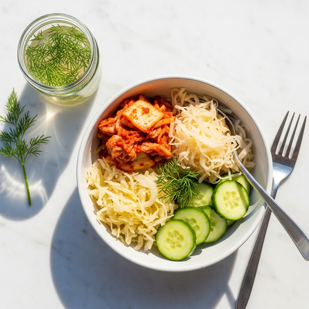 Bright overhead flat lay of a white ceramic bowl filled with colourful fermented vegetables — kimchi, sauerkraut, sliced cucumber — on a light marble surface with a small glass jar of brine and fresh dill, bright natural daylight