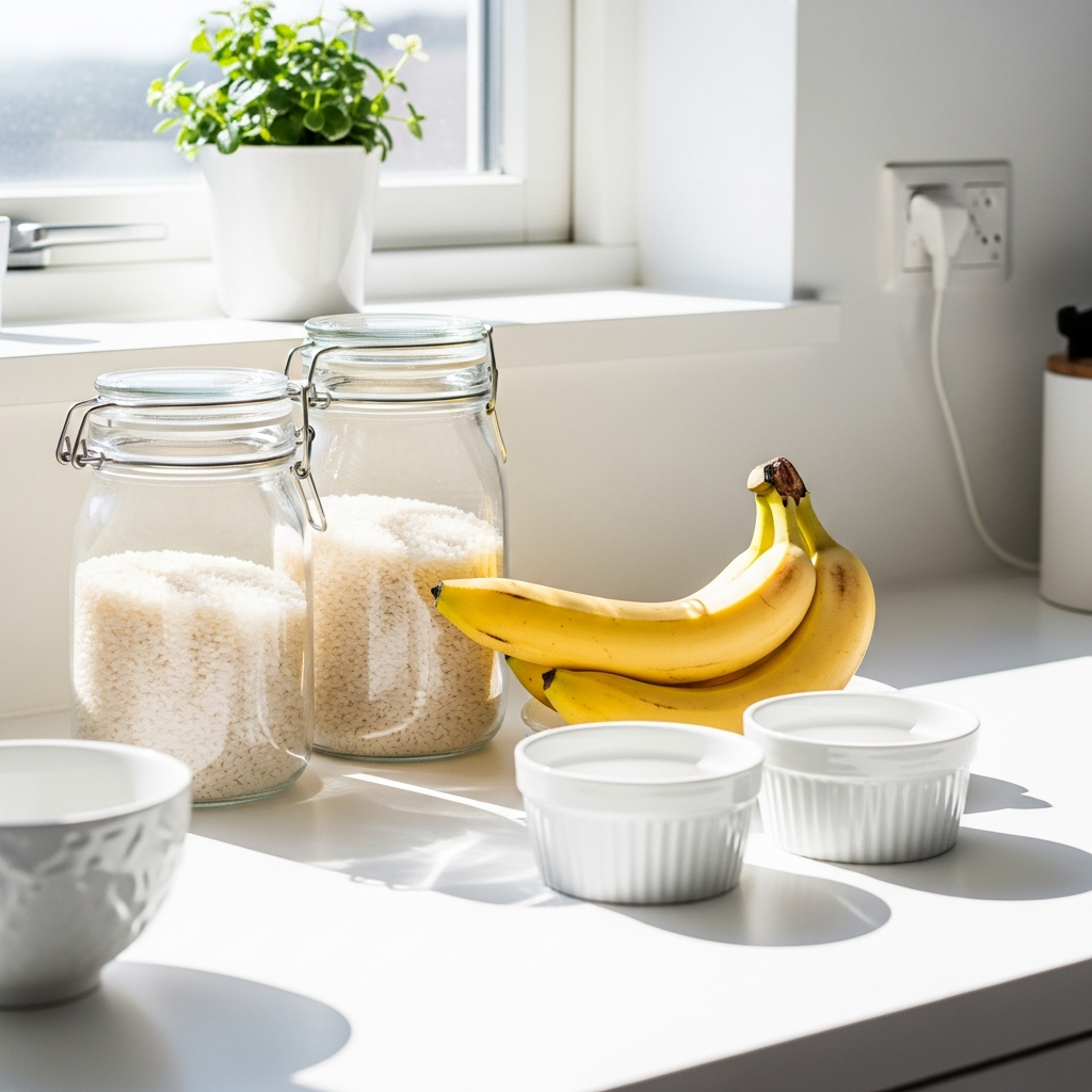 Bright photograph of a sunlit white kitchen counter with glass jars of white rice, a bunch of ripe bananas, and small white ceramic bowls arranged neatly, natural daylight flooding the scene, light wood and white surfaces