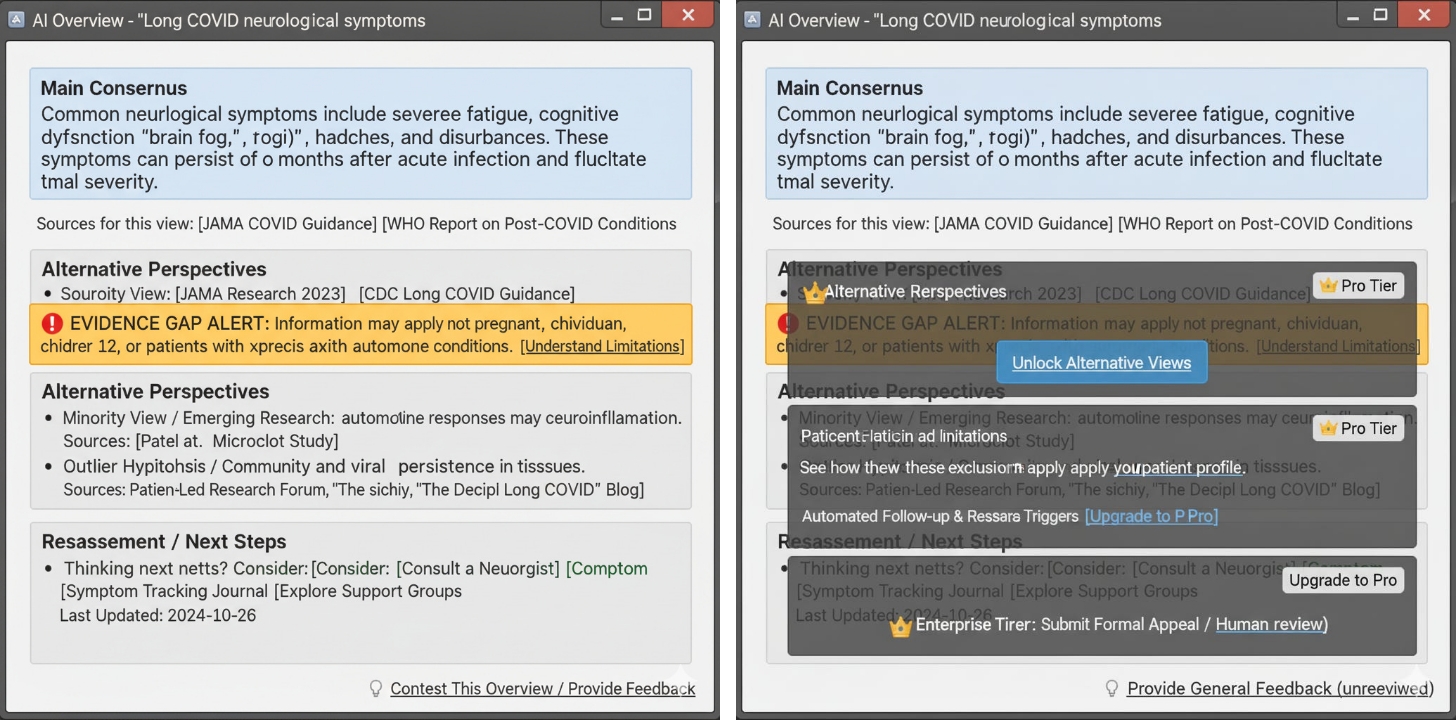 Screenshot of an AI interface summarizing long COVID neurological symptoms, with sections for main consensus and alternative perspectives