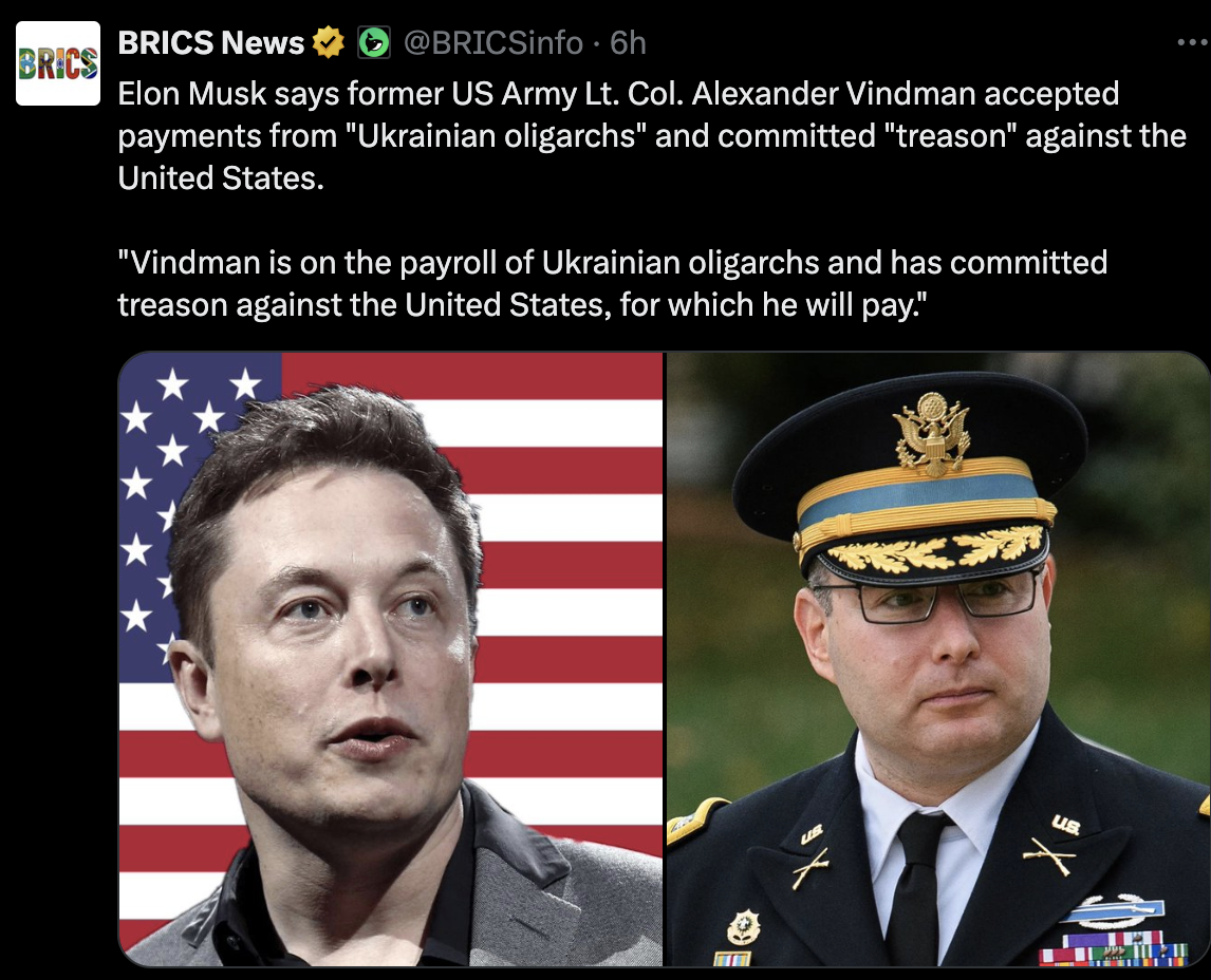 Elon Says Vindman Committed Treason, Working For Ukrainian Oligarchs