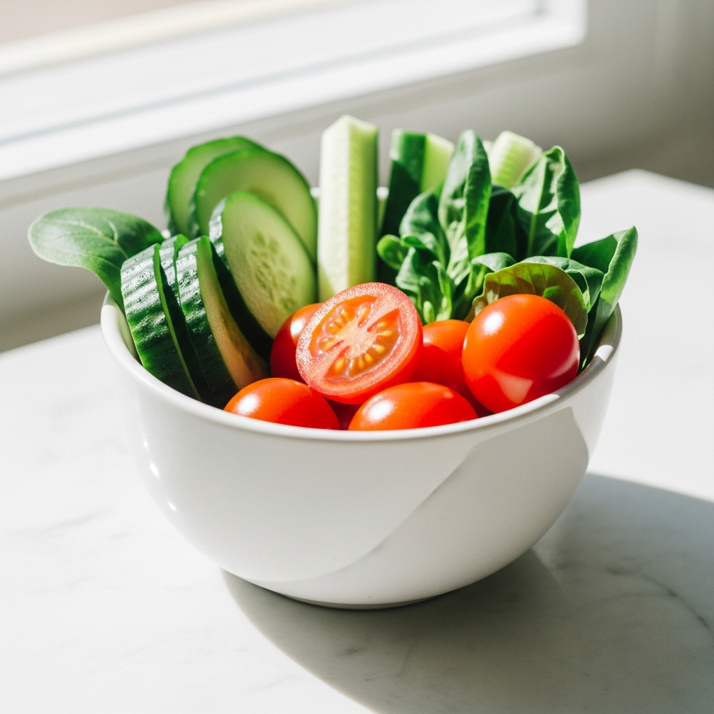 Sunlit close-up of a small white ceramic bowl filled with colourful fresh vegetables — sliced cucumber, cherry tomatoes, and leafy greens — on a pale marble surface with soft natural light