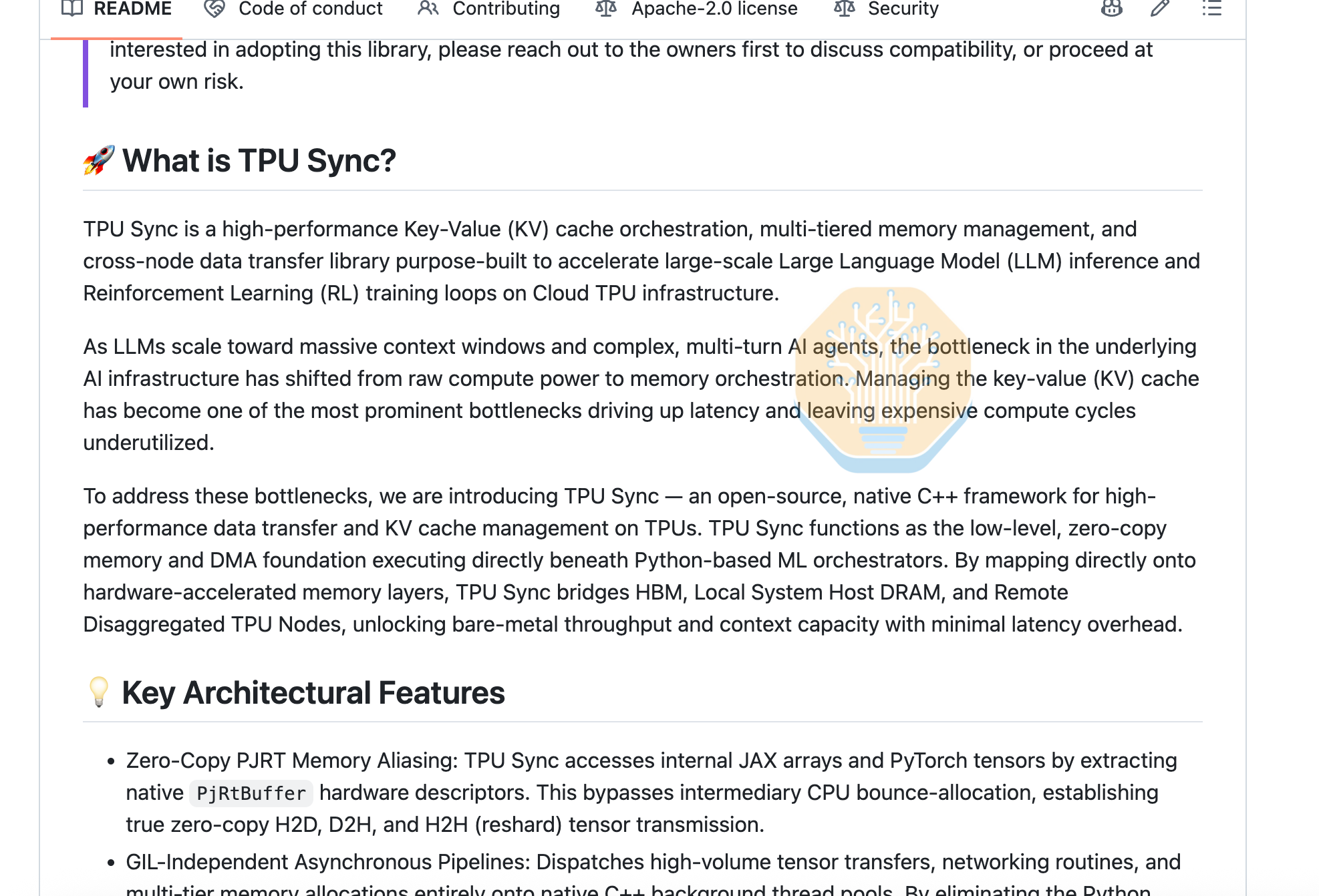 TPU-Sync README excerpt describing disaggregated KV-cache transfer and DRAM offloading for TPUs