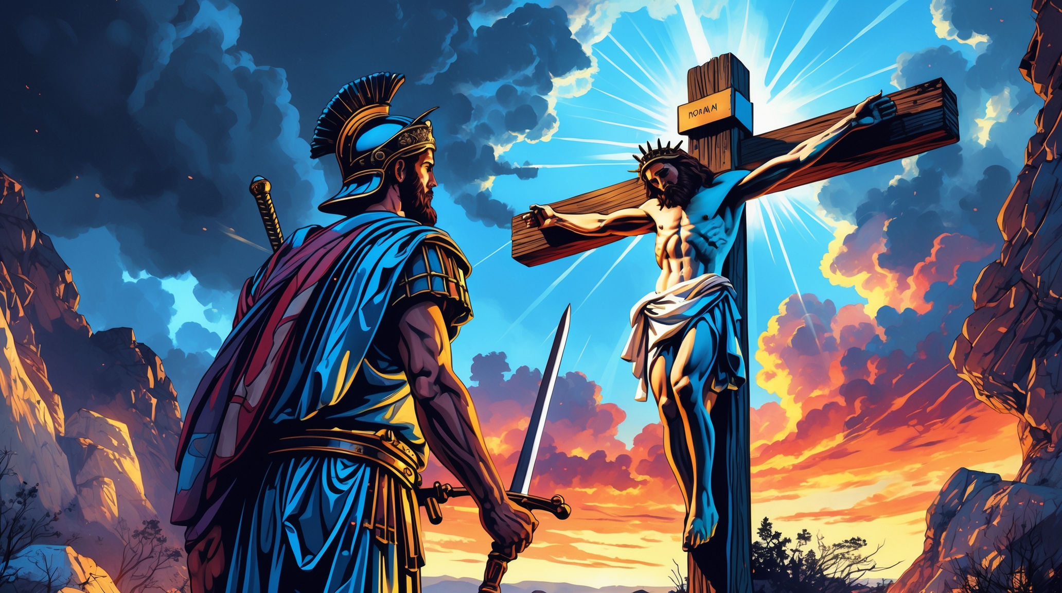 Illustration of a Roman centurion standing before Jesus on the cross, holding a sword as light breaks through the clouds after the earthquake at Calvary.