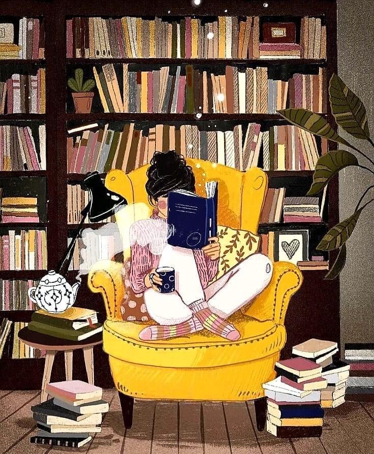 This may contain: a painting of a woman sitting in a chair with a book on her lap, surrounded by bookshelves