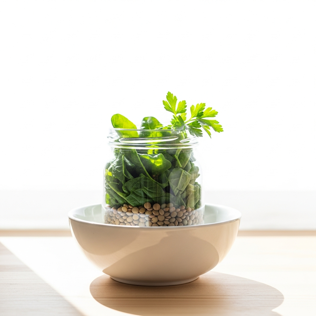 Bright photograph of a glass jar of iron-rich dark leafy greens and lentils in a white ceramic bowl on a light wood surface, sunlit from the side, with a small sprig of fresh parsley, white background, bright natural daylight