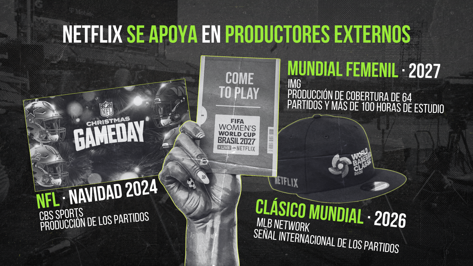 Netflix se apoya en productores externos: CBS Sports produjo los partidos de NFL de Navidad 2024, IMG producirá 64 partidos y más de 100 horas de estudio del Mundial Femenil 2027 y MLB Network hizo la señal internacional del Clásico Mundial 2026
