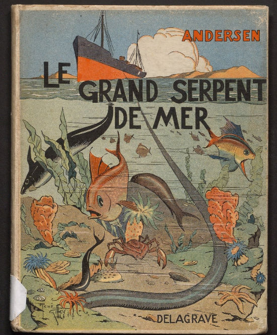 Une vieille couverture avec des animaux marins étonnés par un cable sous marin. Titre : le grand serpent de mer