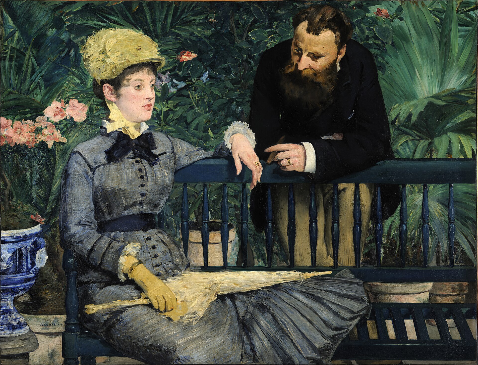 Manet painting of a woman seated while a bearded man leans over a garden bench