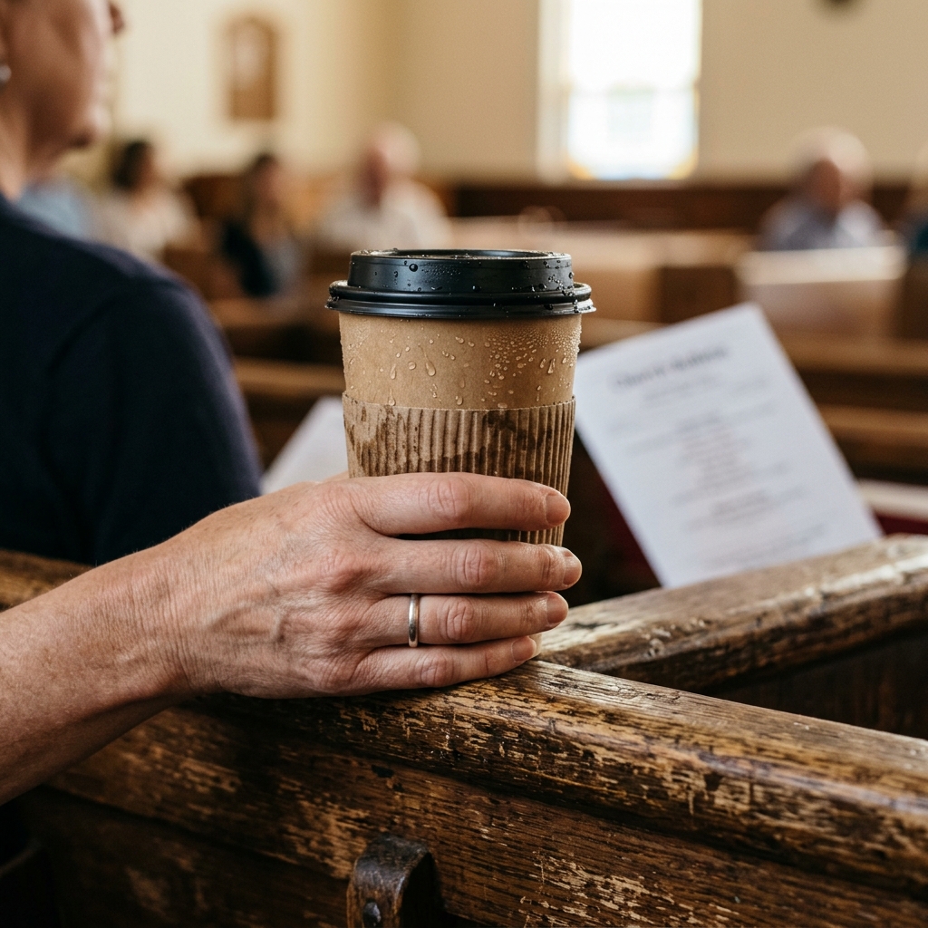 Coffee cup on a church pew