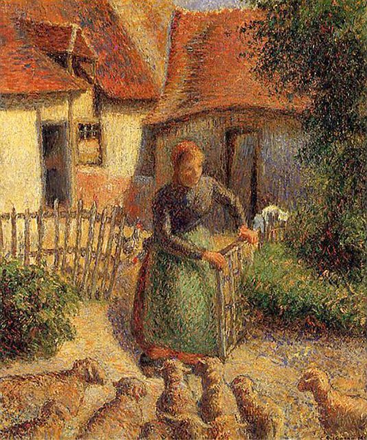 Painting of a woman feeding chickens outside a rural cottage