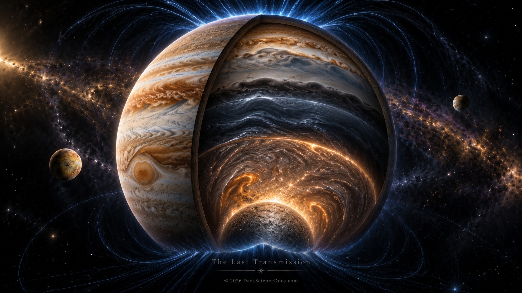 Concept artwork. A conceptual descent connects Jupiter’s atmosphere with a conducting interior.