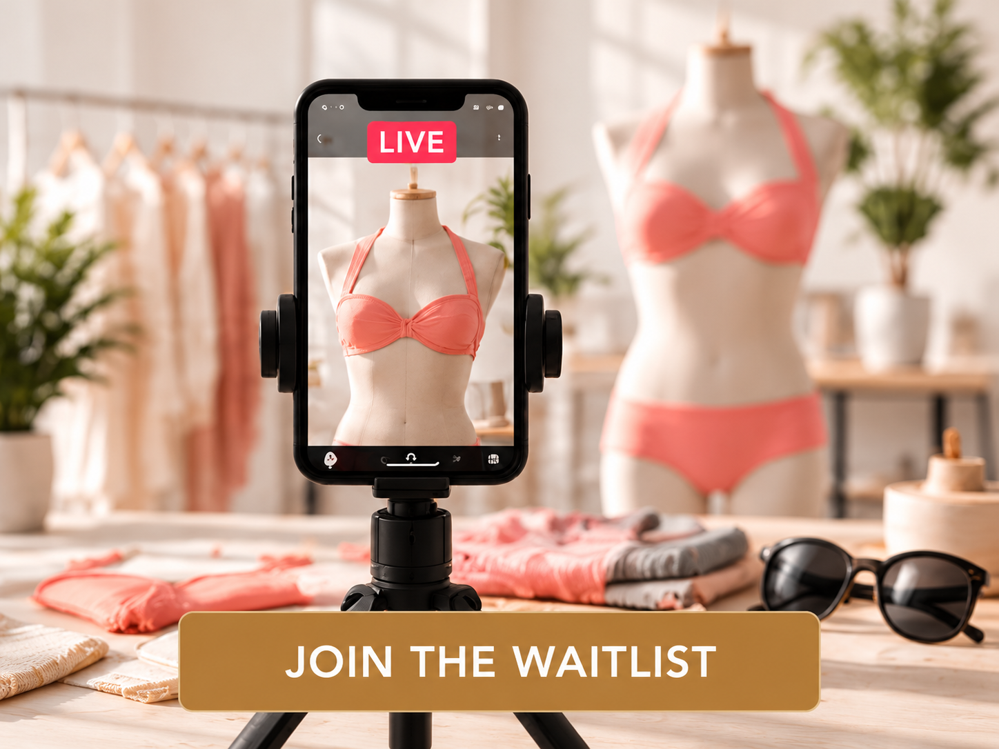 FA$TTRACK LIVE: a phone on a tripod filming a swimwear showcase live