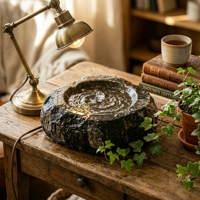 Hand-carved basalt stone basin fountain detail shot