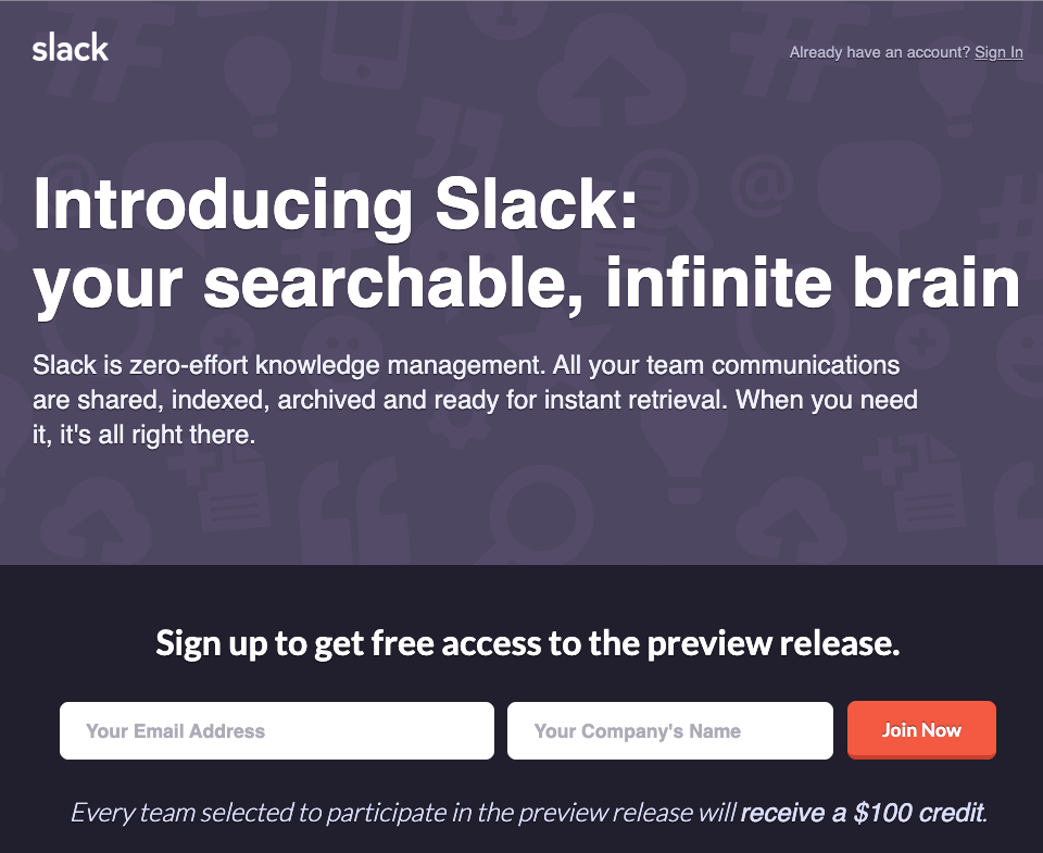 Slack's first-ever homepage - 2013