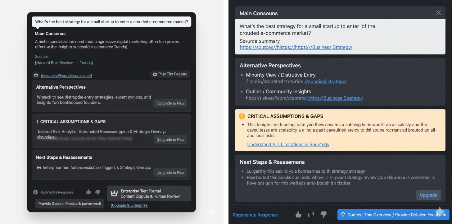 Screenshot of an AI strategy summary for a small startup entering a crowded e‑commerce market, outlining recommendations and alternative perspectives.