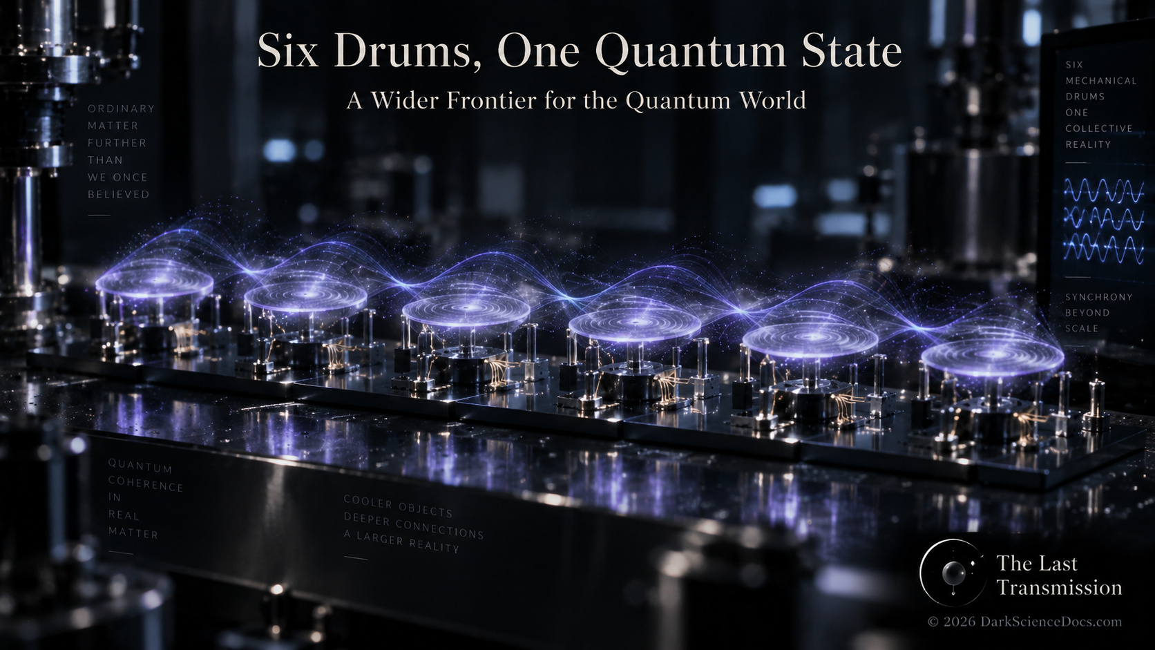 Conceptual visualization inspired by a separate experiment in which six mechanical oscillators were brought into a collective quantum regime.