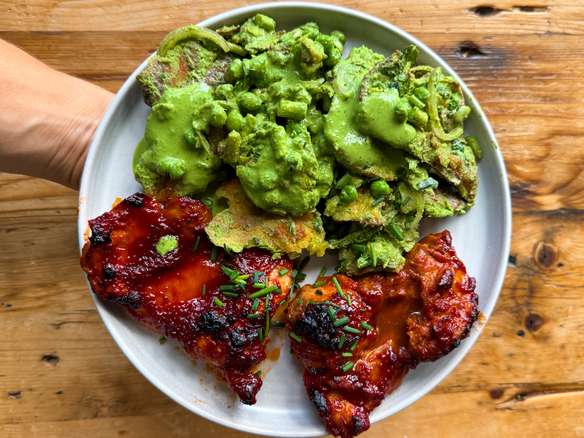 Green Goddess Smashed Potato Salad With Broiled Maple BBQ Glazed Chicken Thighs
