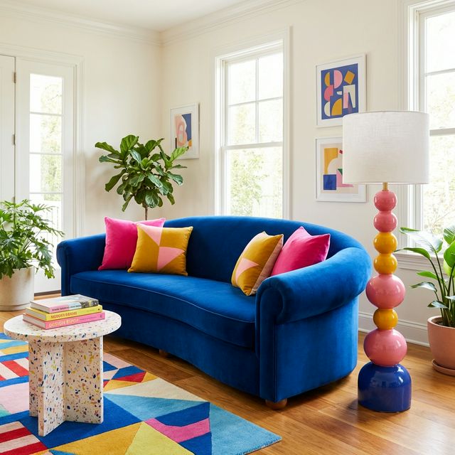 A bold FunHaus Memphis-inspired living room with a deep cobalt blue curved velvet sofa, terrazzo side table, stacked ceramic floor lamp in Rebel Pink, marigold yellow, and cobalt blue, geometric patterned rug, and warm white walls
