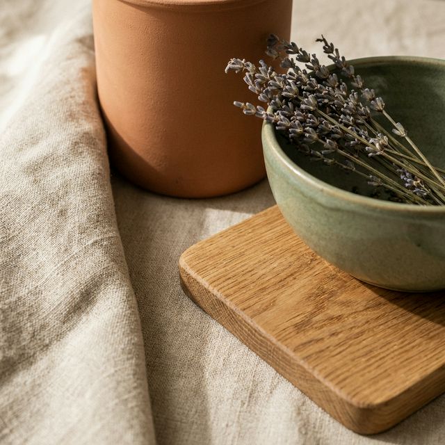 Linen, terra cotta, and dried lavender textures