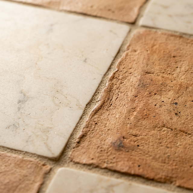 Close-up detail of checkerboard floor tiles showing the contrast between smooth honed cream marble with subtle grey veining and textured hand-fired terracotta tile with tonal earth-tone variation