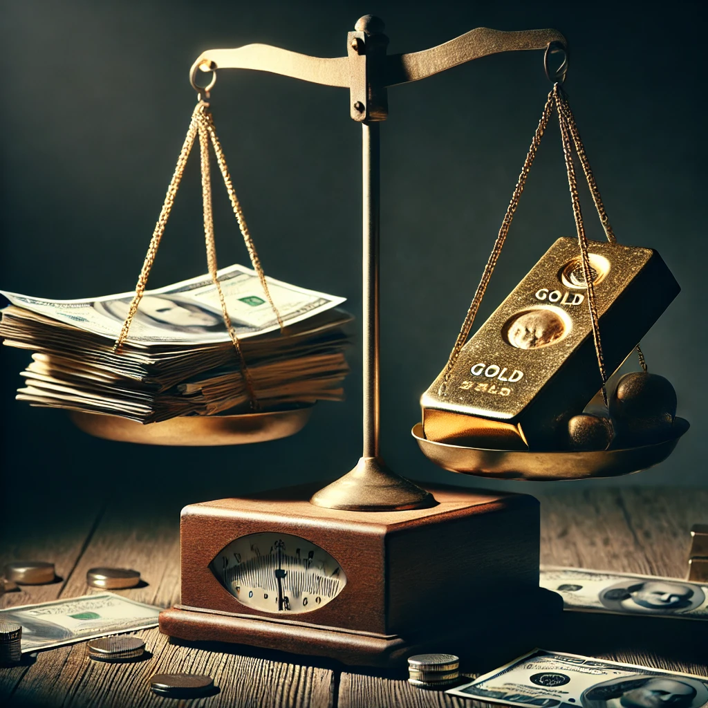 An old-fashioned wooden balance scale teeters on the edge of imbalance. One side holds stacks of paper money and financial documents, while the other side has a single gold bar, visibly tipping the scale. Dramatic lighting with deep shadows emphasizes the instability, symbolizing a financial tipping point, representing the uncertainty in global financial markets and the role of gold in the transition from paper money. The scene conveys tension, potential collapse, and transformation in the financial system. An old-fashioned wooden balance scale teeters on the edge of imbalance. One side holds stacks of paper money and financial documents, while the other side has a single gold bar, visibly tipping the scale. Dramatic lighting with deep shadows emphasizes the instability, symbolizing a financial tipping point, representing the uncertainty in global financial markets and the role of gold in the transition from paper money. The scene conveys tension, potential collapse, and transformation in the financial system.