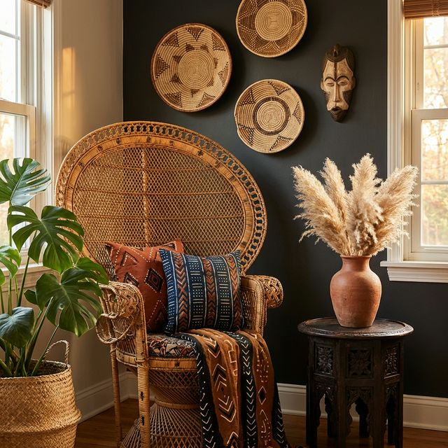 Afrohemian corner vignette with rattan peacock chair, mudcloth and Ankara cushions, Tonga baskets and carved mask on dark wall, Monstera plant in woven planter, terracotta vase with pampas grass