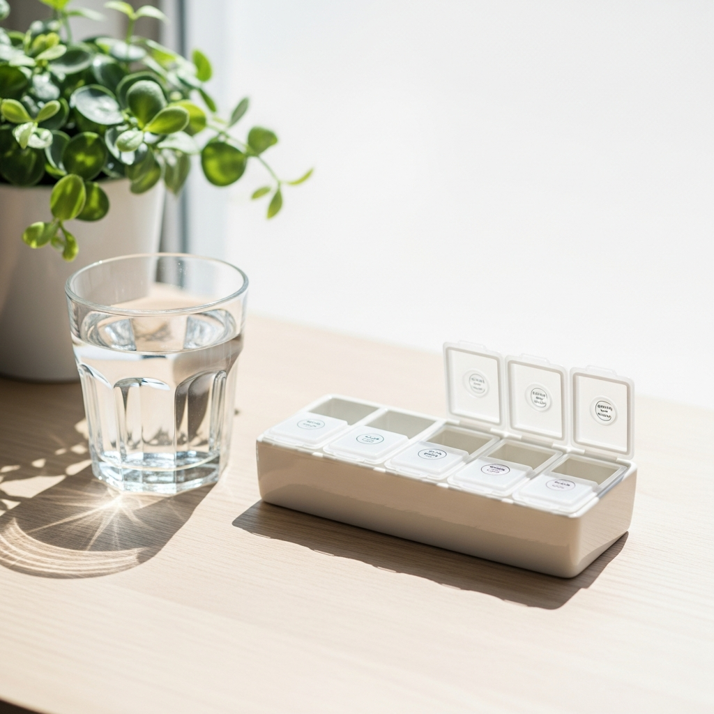 Bright photograph of a white ceramic pill organiser on a light wood surface beside a glass of water and a small green plant, in bright natural daylight