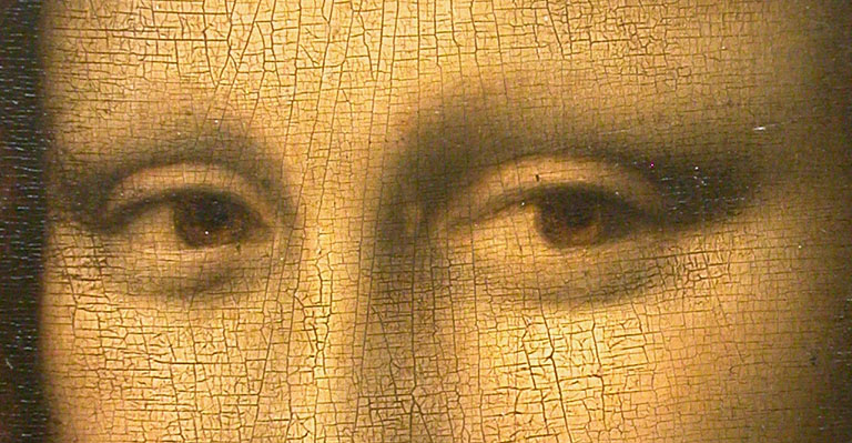 Close-up of the Mona Lisa's eyes showing Leonardo's soft shading