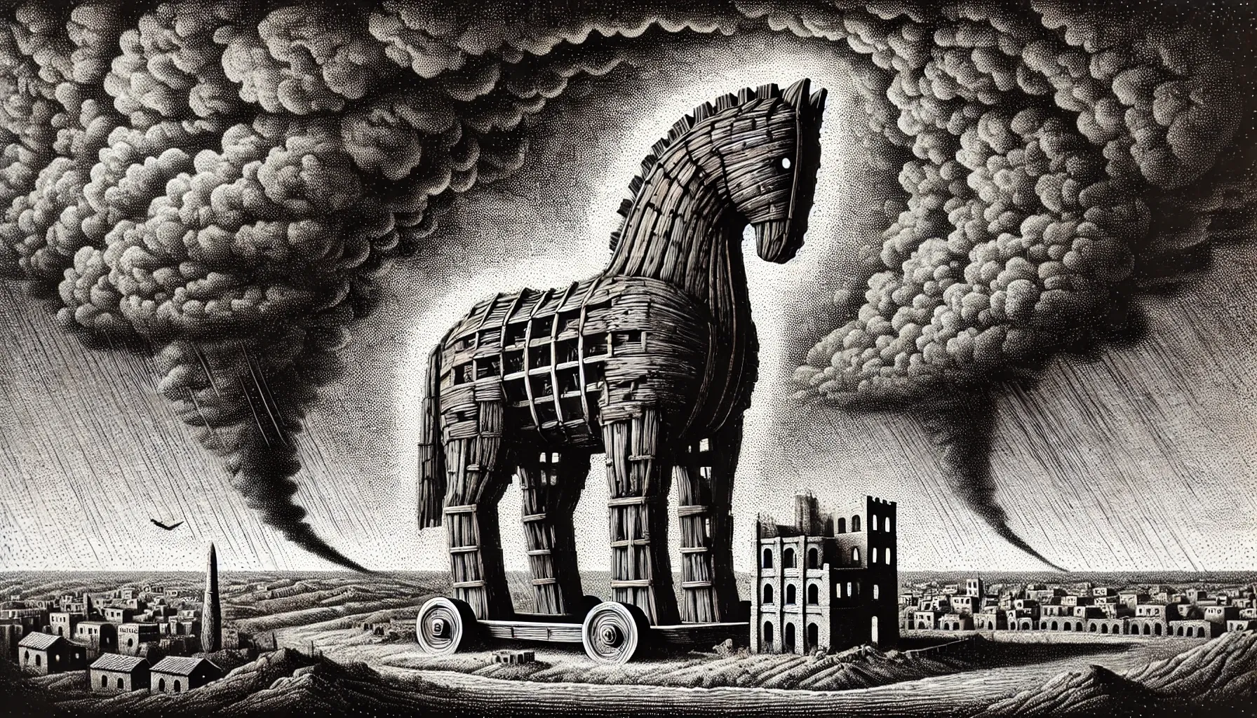 "A powerful black and white pointillism artwork depicting a Trojan Horse standing ominously in the center of a decaying landscape --ar 16:9"