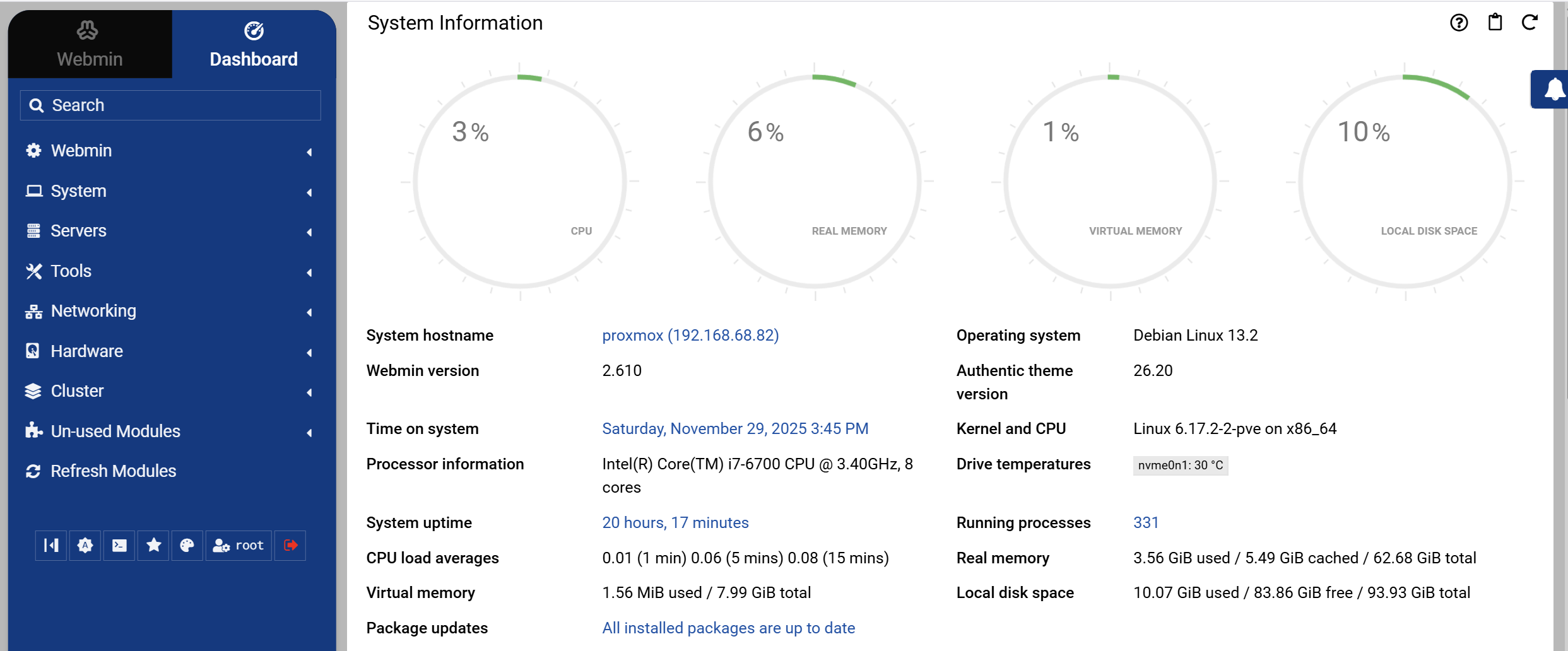 Webmin shows the load on the Proxmox server is light