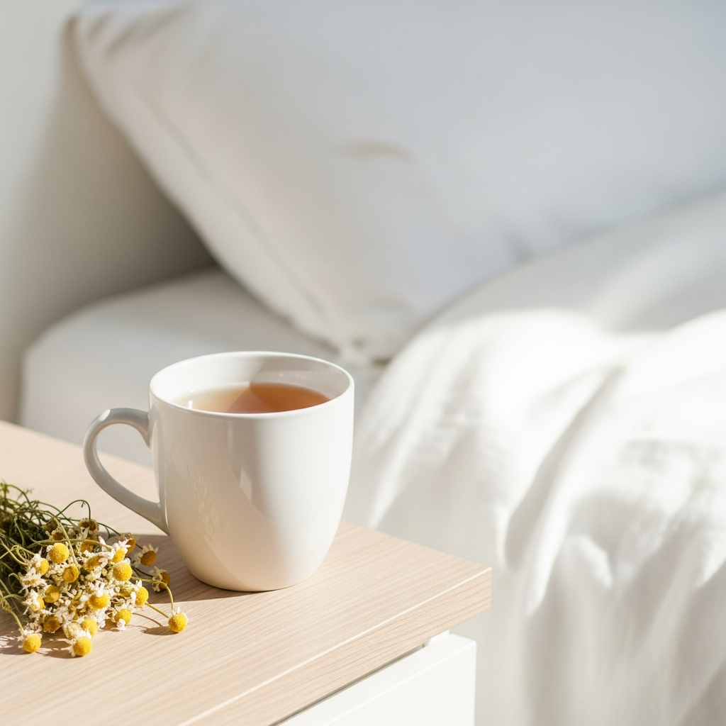 Bright photograph of a white ceramic mug of herbal tea on a light wood bedside table, with soft white linen in the background and a small bunch of dried chamomile flowers beside it, shot in bright natural daylight