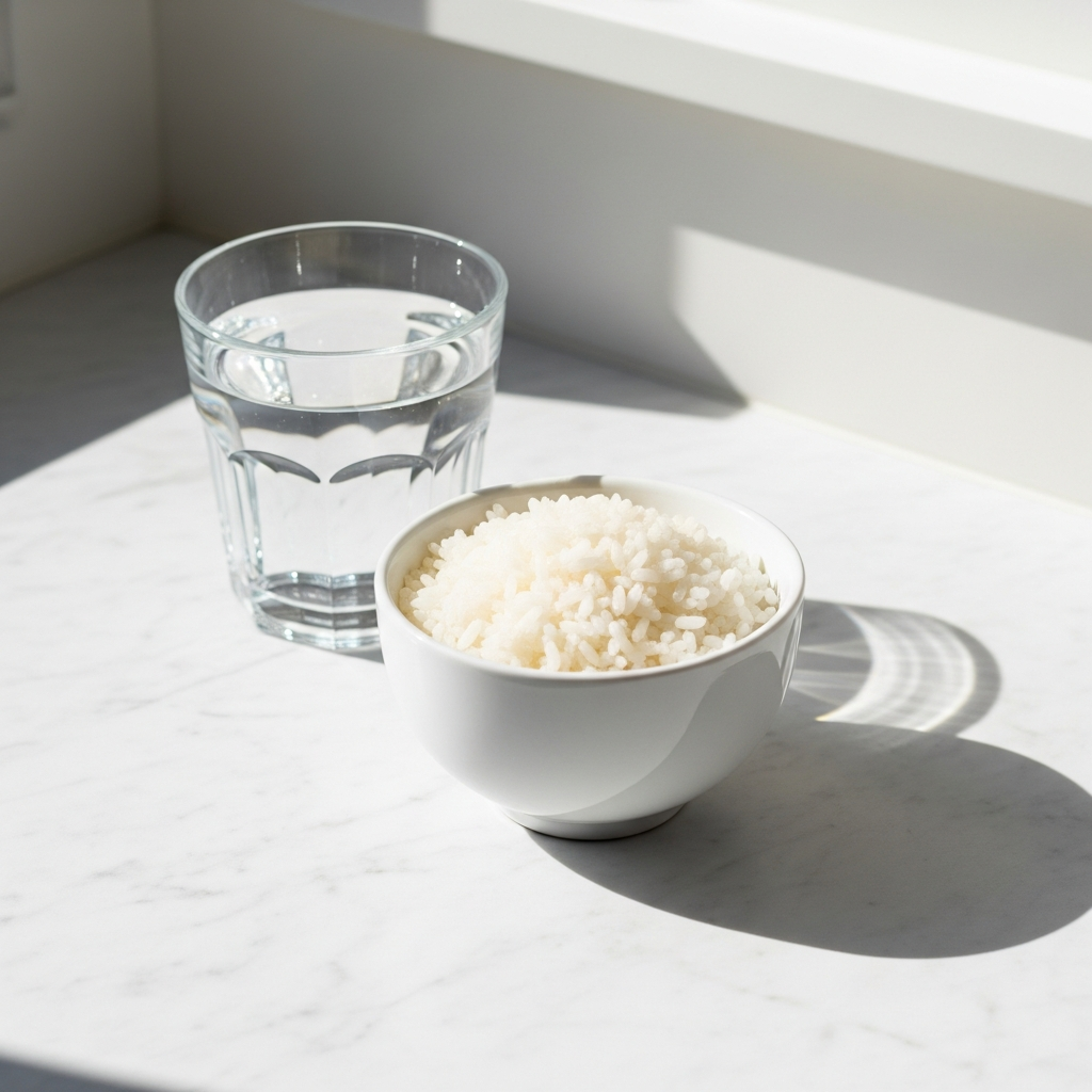 Bright photograph of a small white ceramic bowl of plain white rice beside a glass of water on a sunlit white marble countertop, light and airy, no garnish, clean and simple composition