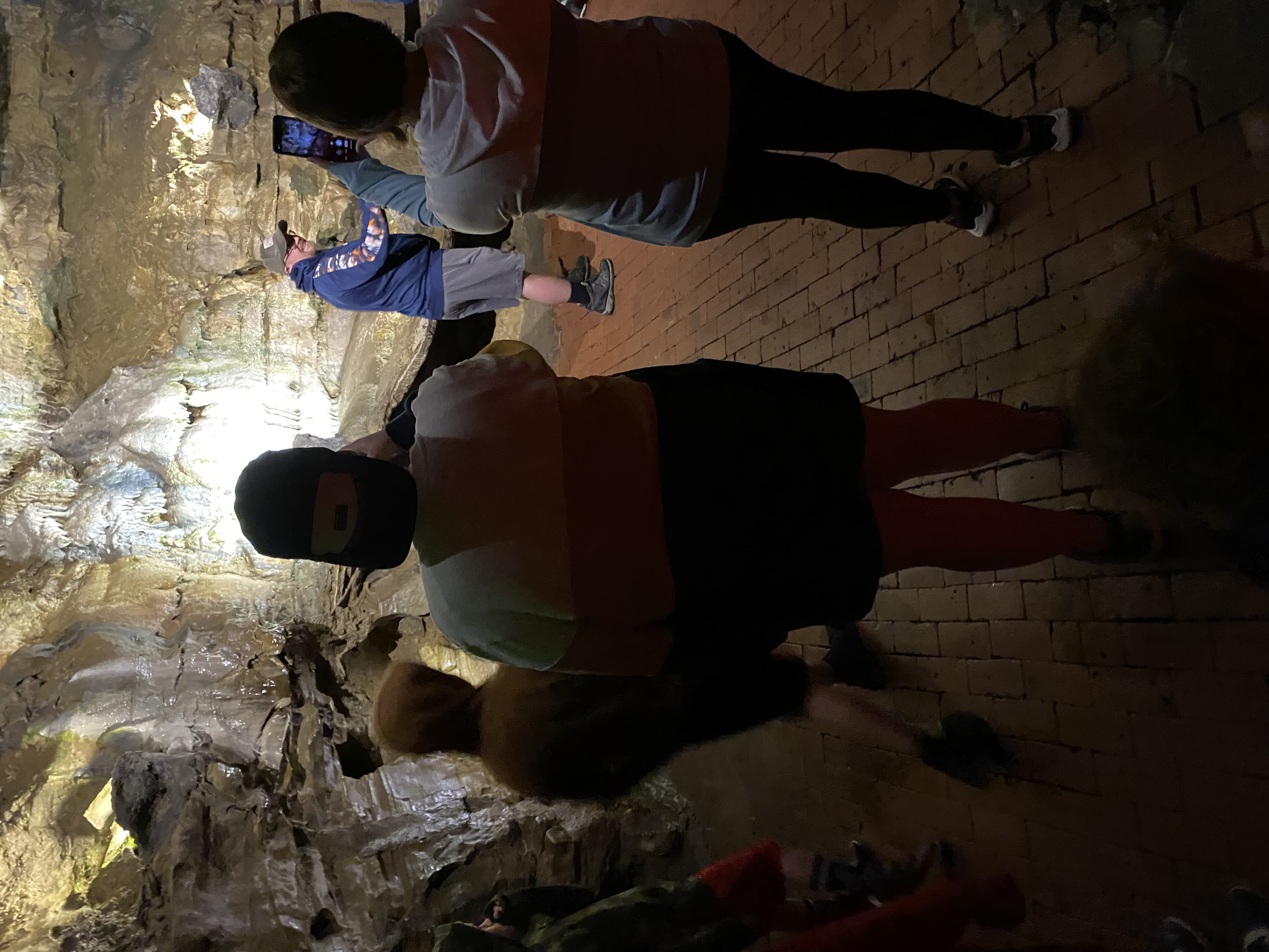 Lizzie faces away from the camera, other people gather around to photograph a cave formation. 