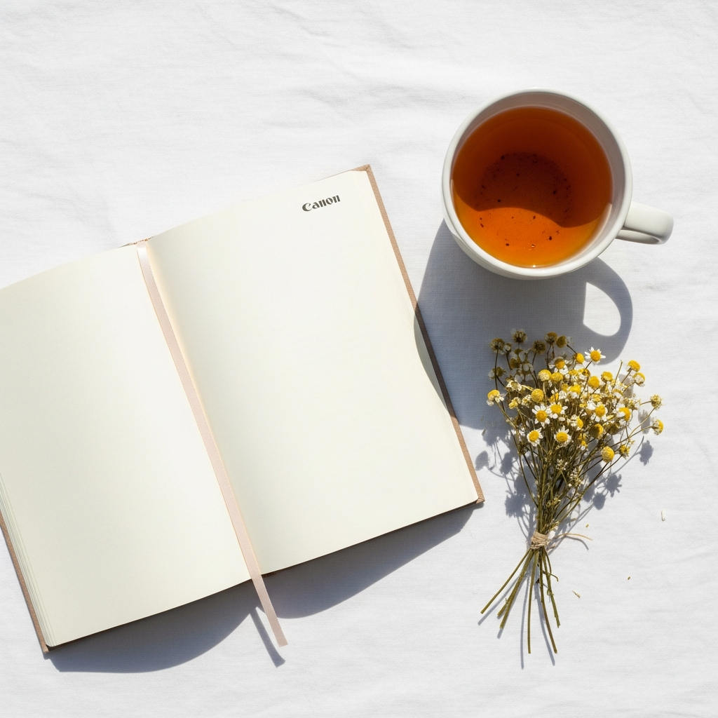 Overhead flat lay of an open journal, a cup of herbal tea in a white ceramic mug, and a small bunch of dried chamomile on a bright white linen surface in natural daylight