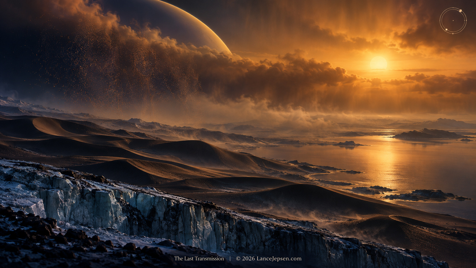 Imagined Pluto landscape of bright volatile ice and darker organic-rich ground