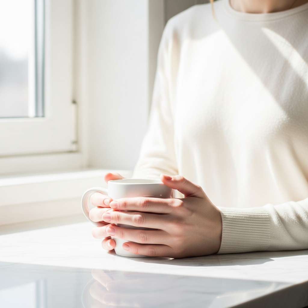 Bright airy photograph of a woman's hands wrapping around a white ceramic mug on a light marble countertop, soft natural light from a nearby window, calm and still, no face visible