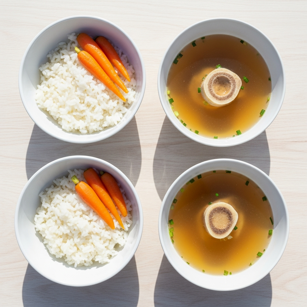 Overhead flat lay of white ceramic bowls filled with plain white rice, soft-cooked carrots, and clear golden bone broth on a light wood surface in bright natural daylight