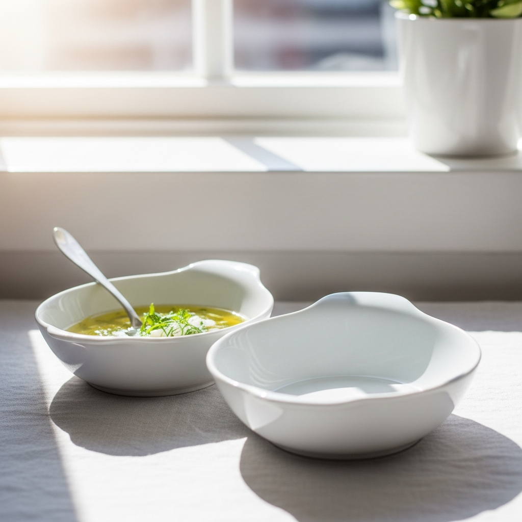 Light and airy close-up of two white ceramic side dishes — one with a simple herb sauce, one empty — on a pale linen tablecloth, bright natural daylight, sunlit windowsill in background, no people, no text
