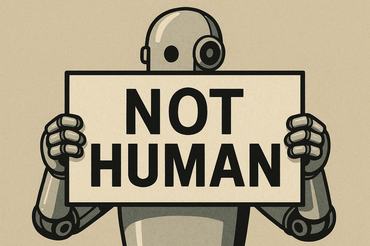 Vintage-style illustration of a robot holding a sign that says "NOT HUMAN," symbolizing the loss of authenticity in AI-generated content.