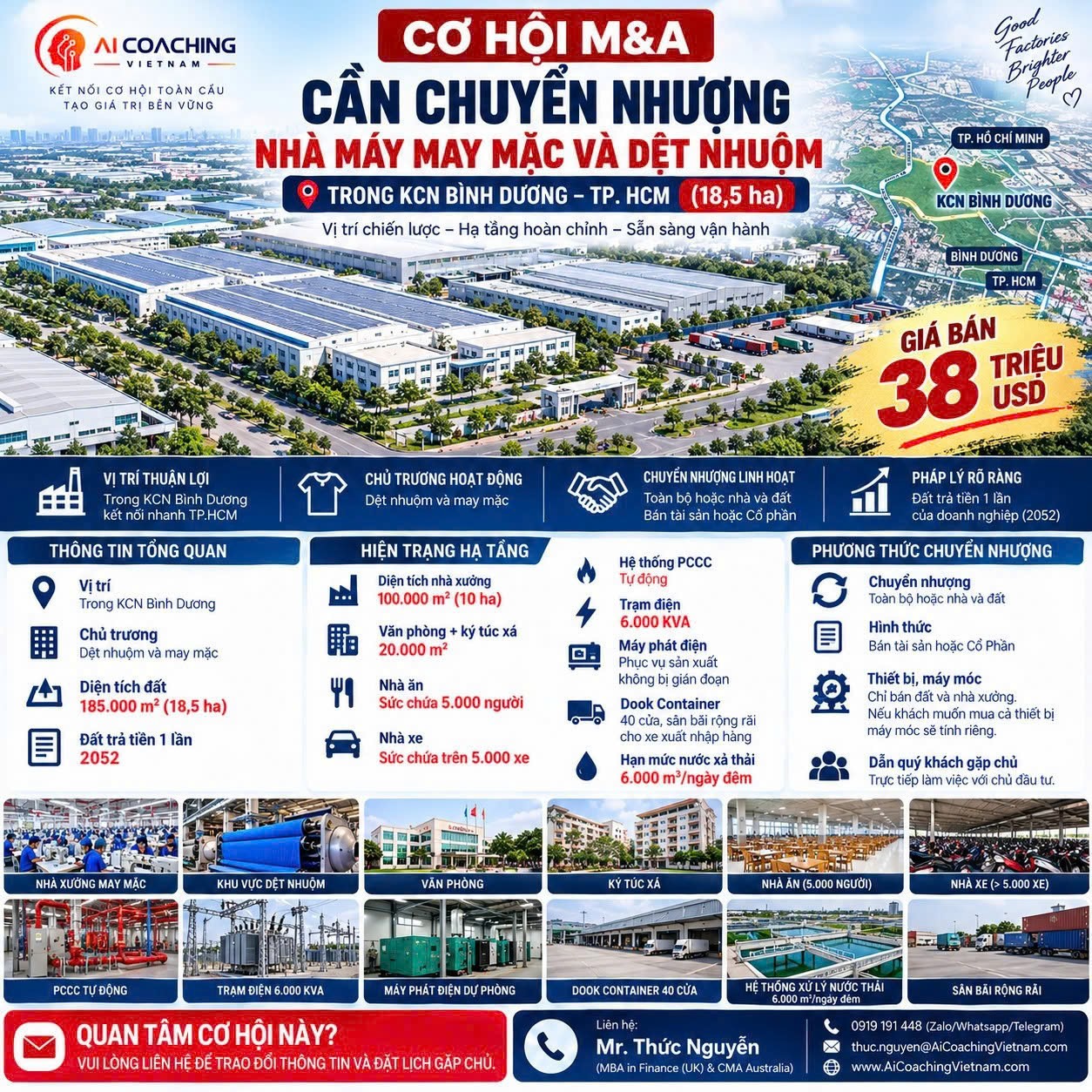 Chuyển nhượng nhà máy may mặc và dệt nhuộm 18,5 ha trong KCN tại Bình Dương