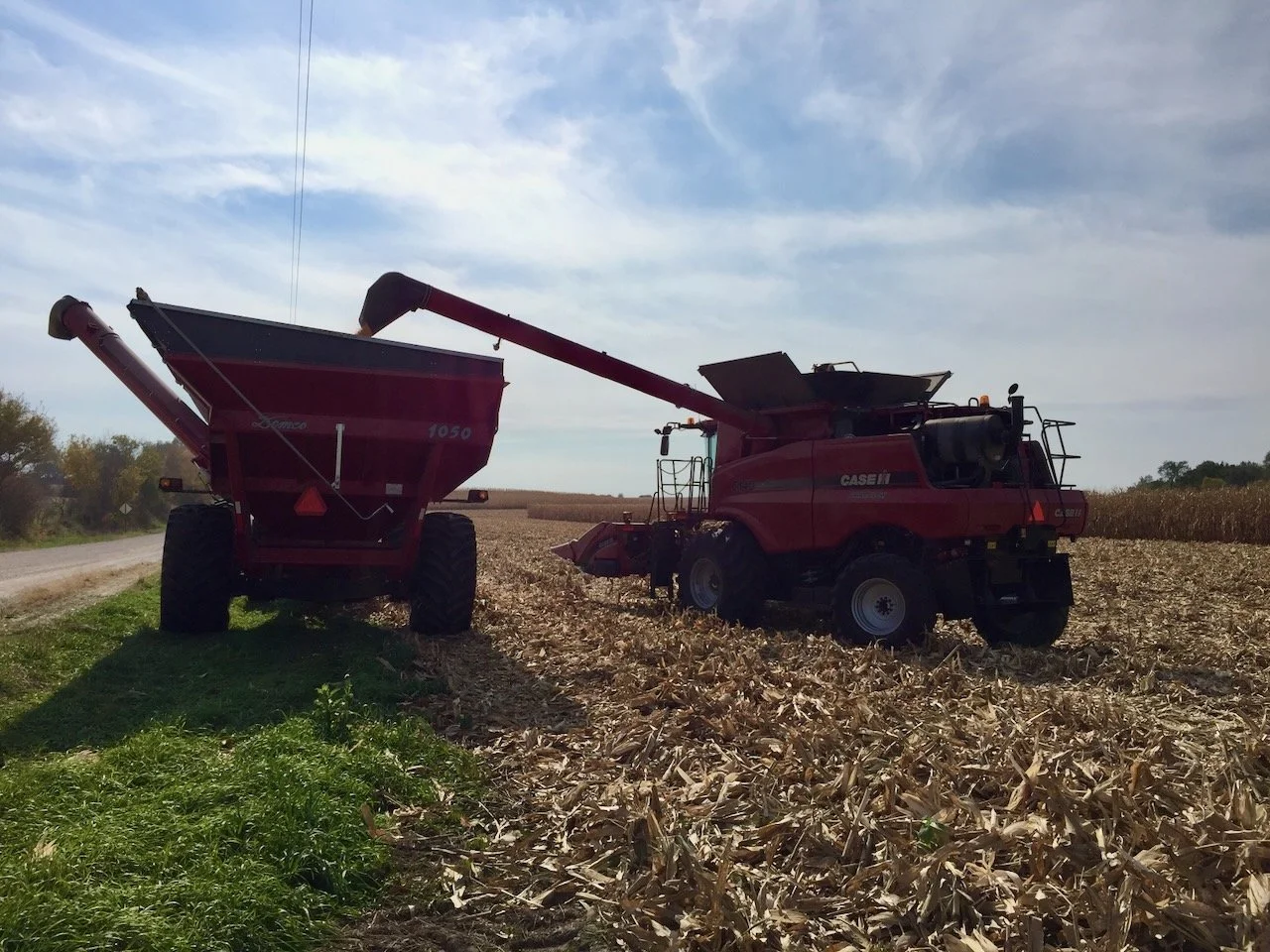Corn harvest, Nebraska, Combine and a grain cart in a cornfield