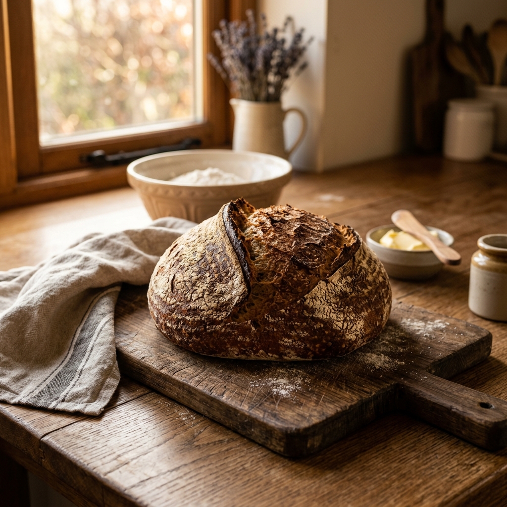 Freshly baked Einkorn sourdough bread boule with a rustic ear score on a wooden cutting board in a warm farmhouse kitchen