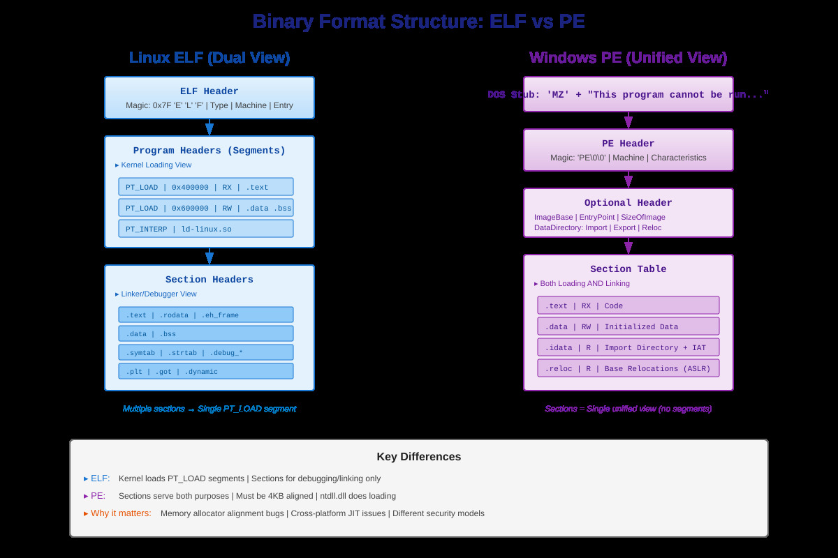 Linux ELF vs. Windows PE structures. Source: How Tech - Systems Programming - Substack