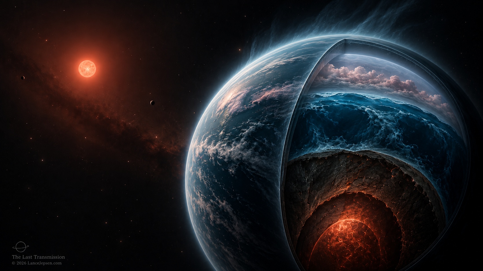 Conceptual cutaway of LHS 1140 b with atmosphere, deep water-rich layer, and rock