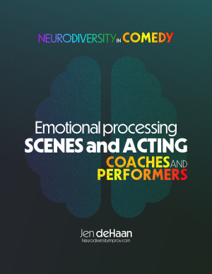 green gradient background on the book cover with the logo and book title"Emotional processing Scenes and Acting for coaches and performers" with author name at bottom Jen deHaan